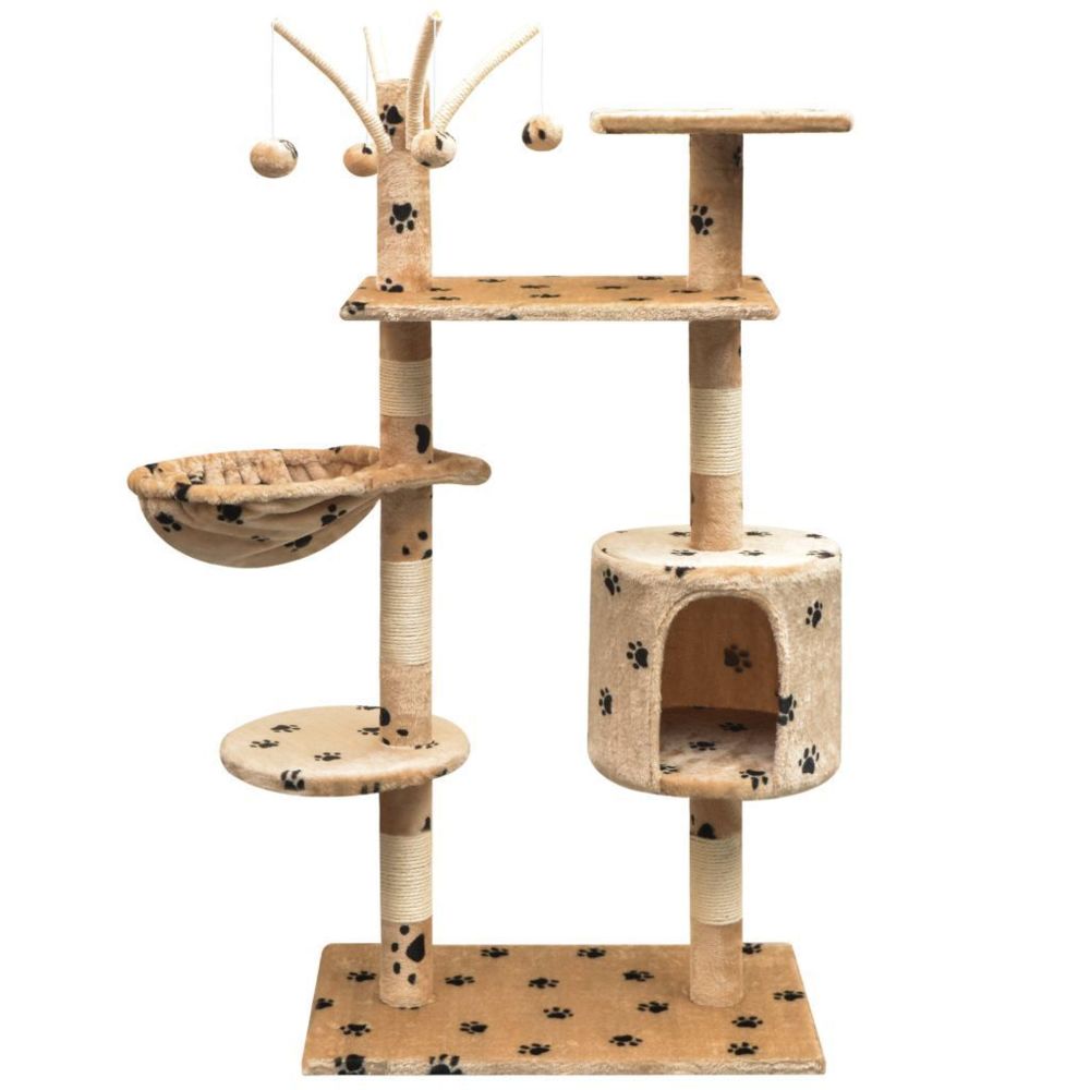 Helloshop26 - Arbre à chat griffoir grattoir niche jouet animaux peluché et sisal 125 cm empreintes de pattes beige 3702103 - Arbre à chat