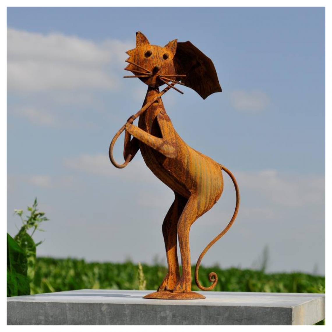 L'Héritier Du Temps - Statue de Chat avec un Parapluie Représentation de Félin Décoration de Jardin en Acier Oxydé 7x20x30cm - Petite déco d'exterieur