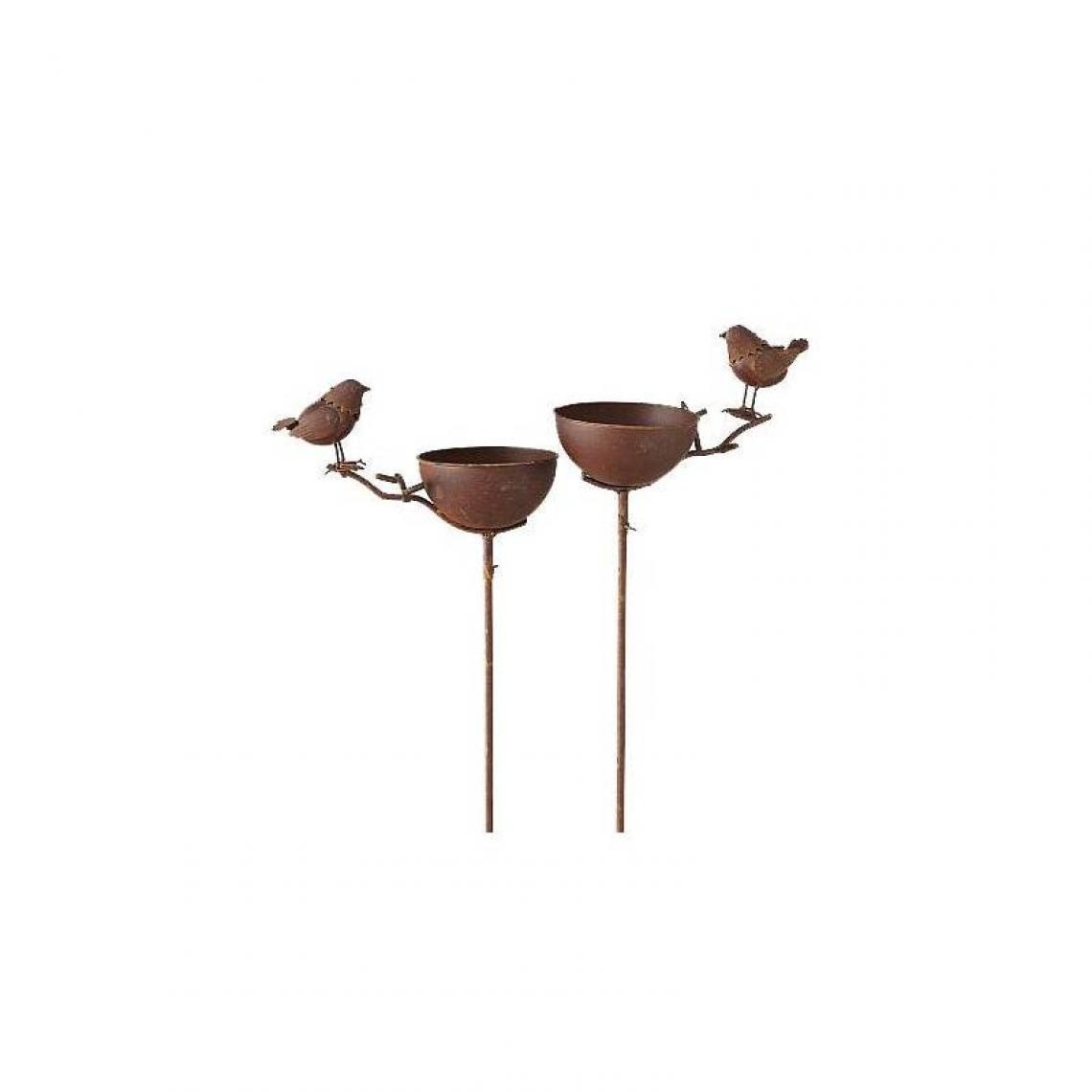 L'Héritier Du Temps - Grand Tuteur Bain d'Oiseaux à Piquer Coupelle Façon Bénitier Motif Oiseau en Fer Marron 15x28x117cm - Accessoires basse-cour