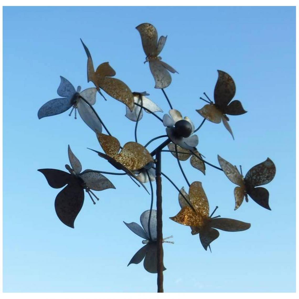 L'Héritier Du Temps - Eolienne Papillons Féérique sur Tige Moulin à Vent Décoration Animée de Jardin en Acier Oxydé 25x50x200cm - Petite déco d'exterieur