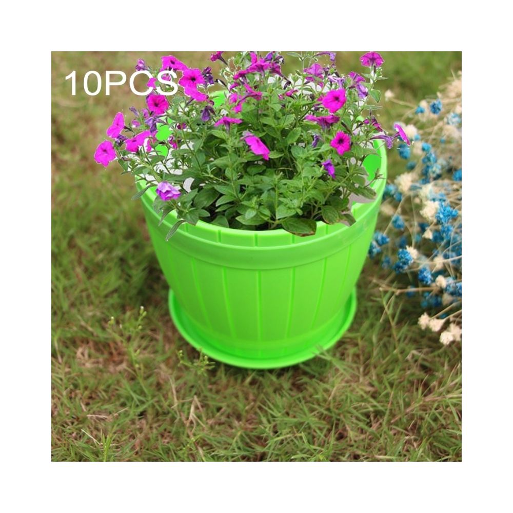 Wewoo - Pot de fleur vert 10 PCS imitation en bois tonneau en plastique de résine avec plateau, diamètre supérieur: 16cm, hauteur: 13,5 cm - Poterie, bac à fleurs