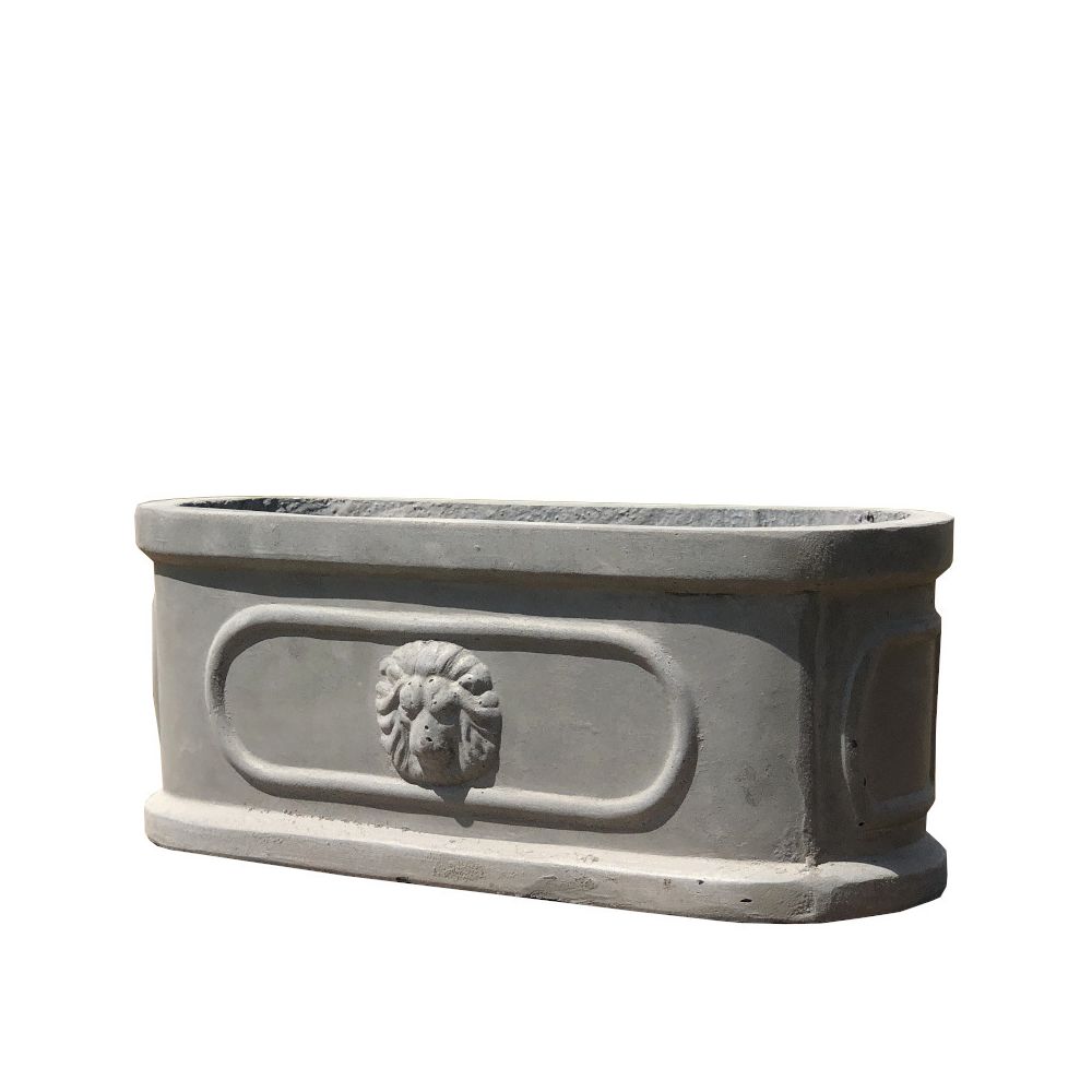 L'Originale Deco - Jardinière Bac Pot de Rebord Fenêtre Jardiniere Longue Grise Tête Lion 36 cm x 15 cm - Poterie, bac à fleurs