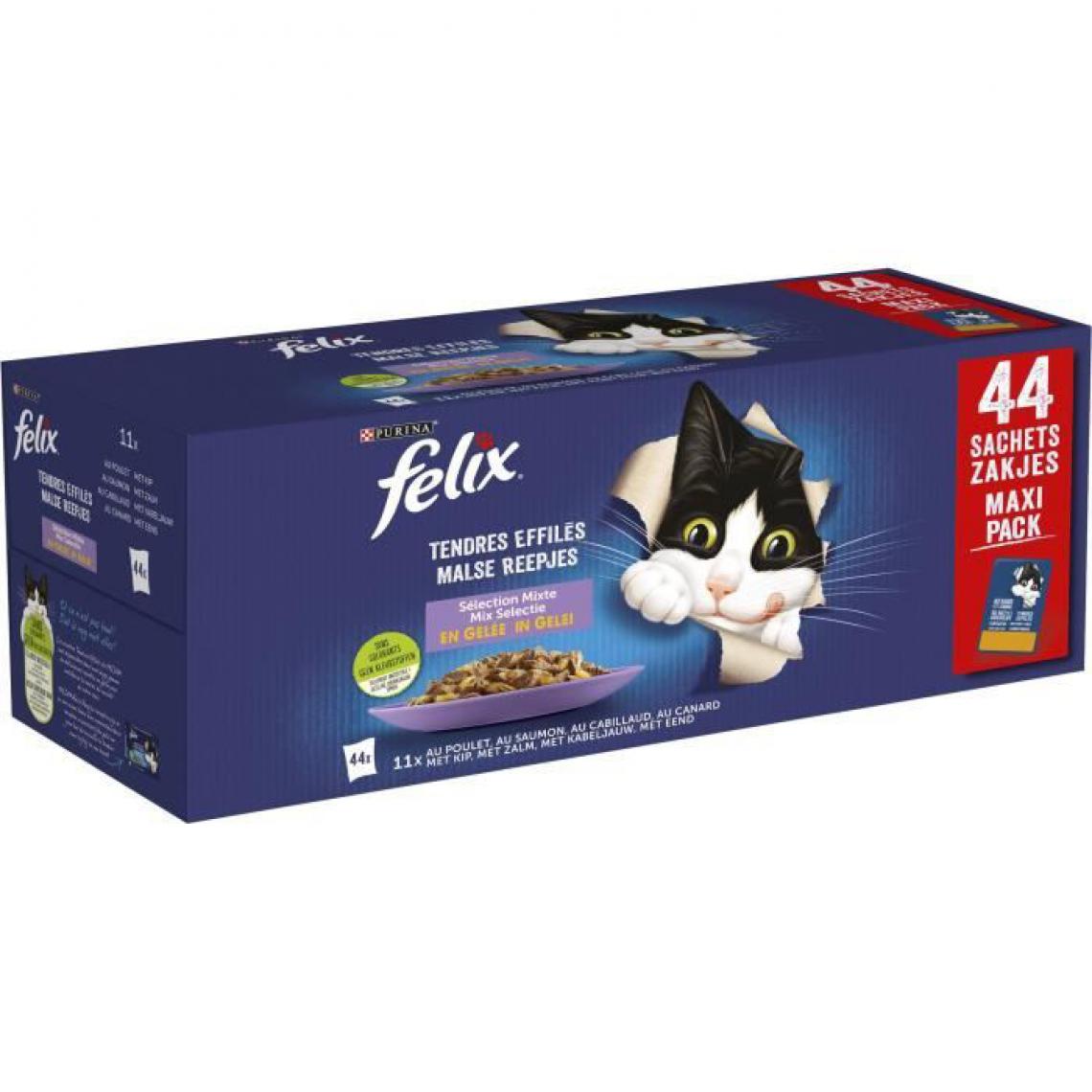 Felix - FELIX Tendres Effilés en Gelée Viandes-Poissons - 44 x 85 g - Sachets fraîcheur pour chat adulte - Alimentation humide pour chat