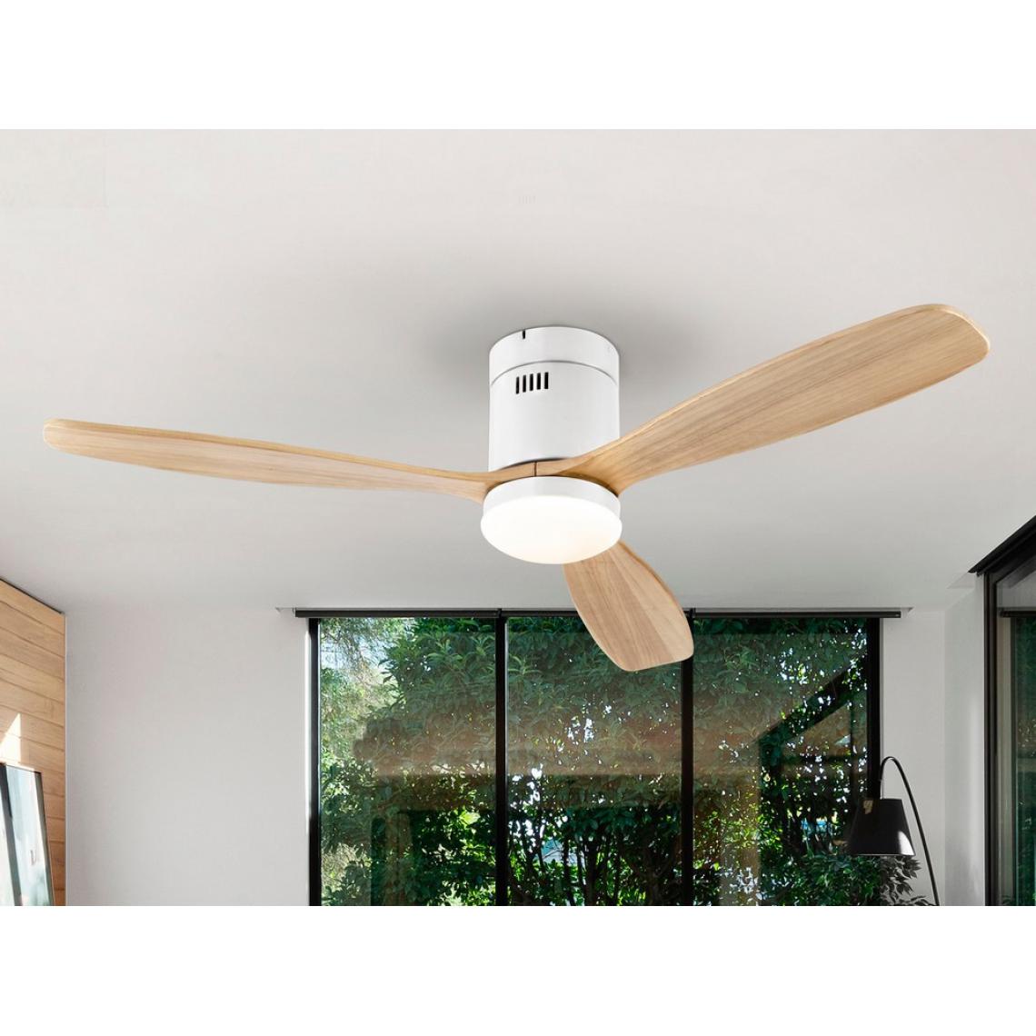 Schuller - Ventilateur de plafond ultra silencieux à 6 vitesses, blanc mat, pales en bois avec lumière LED, télécommande, minuterie et fonctions réversibles - Lampadaire