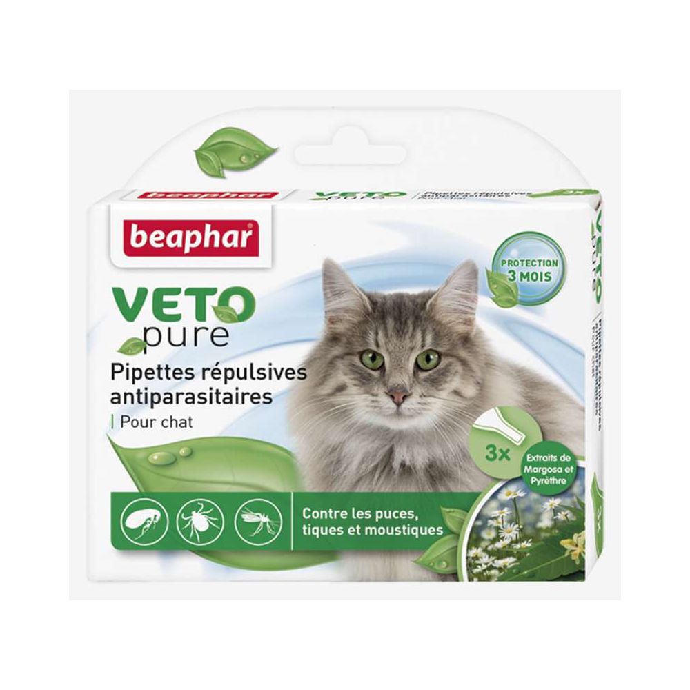 Beaphar - Pipettes répulsives antiparasitaires Vetonature Margosa et Pyrètre Chat 3 pipettes de 1 ml - Anti-parasitaire pour chat