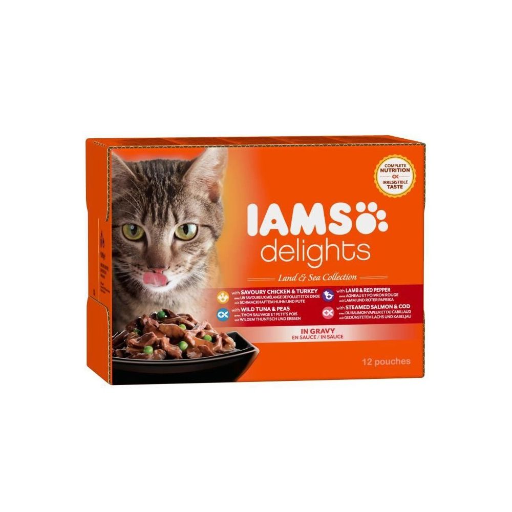 Iams Chat - IAMS Delights multibox Saveurs Terre et Mer en sauce (Land & sea Collection) - Toutes Races - 12x85 g - Pour chat adulte - Alimentation humide pour chat
