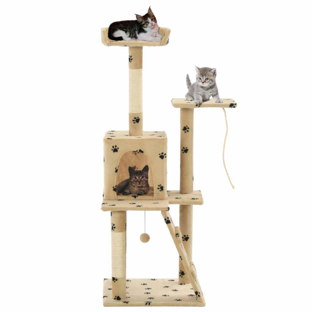 Helloshop26 - Arbre à chat griffoir grattoir niche jouet animaux peluché en sisal 120 cm beige motif pattes 3702138 - Arbre à chat