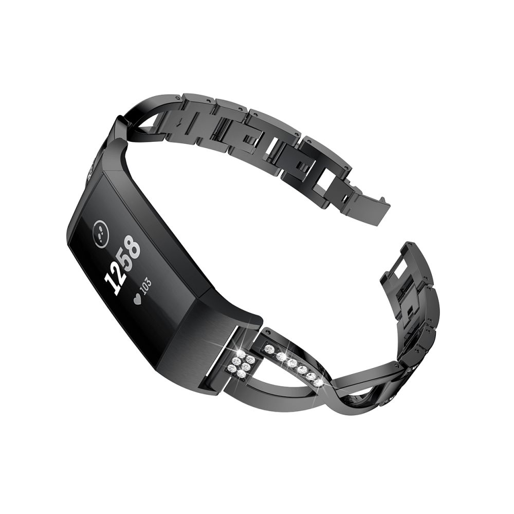 Wewoo - Bracelet en acier avec métal serti de diamants forme X pour Fitbit Charge 3 (noir) - Bracelet connecté