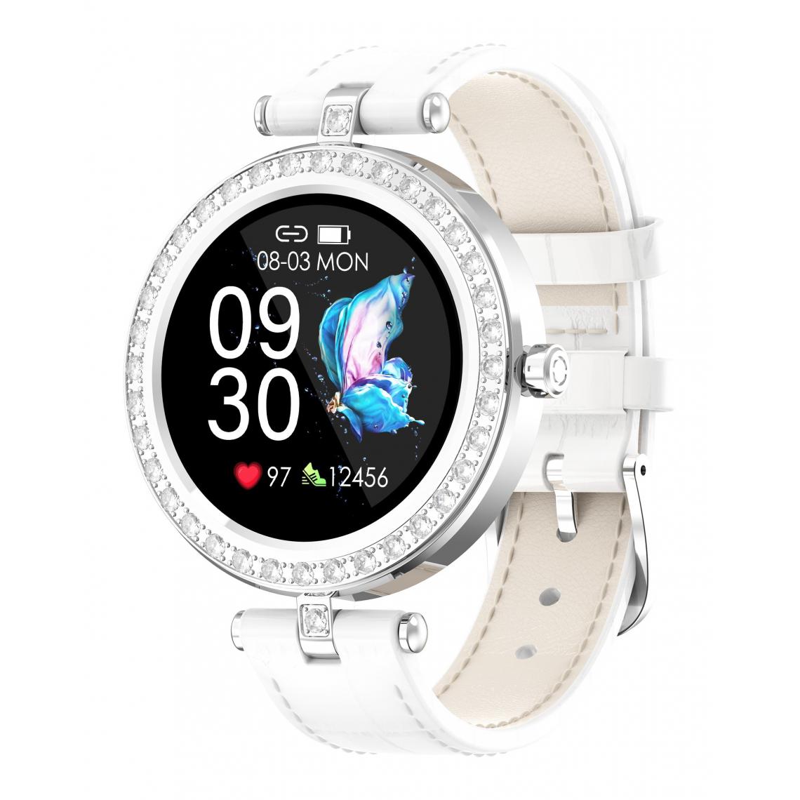 Chrono - Montre connectée pour femmes, longue durée de vie de la batterie, support de suivi des sports, fréquence cardiaque / Bluetooth, lecture de musique pour Android / IOS / Samsung-Blanc - Montre connectée