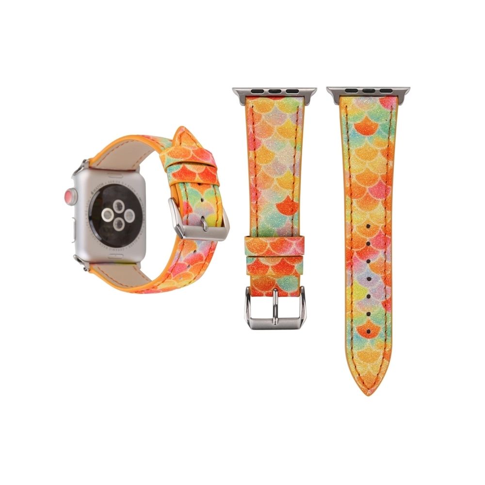 Wewoo - Échelle de poisson en paillettes avec bracelet en cuir véritable avec boucle en acier inoxydable pour Apple Watch séries 3 et 2 et 1 42 mm (Orange) - Accessoires Apple Watch