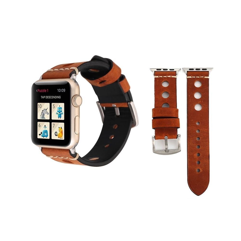 Wewoo - Bracelet brun pour Apple Watch Series 3 & 2 & 1 38mm Rétro Hole en Cuir Véritable Rougeâtre - Accessoires Apple Watch