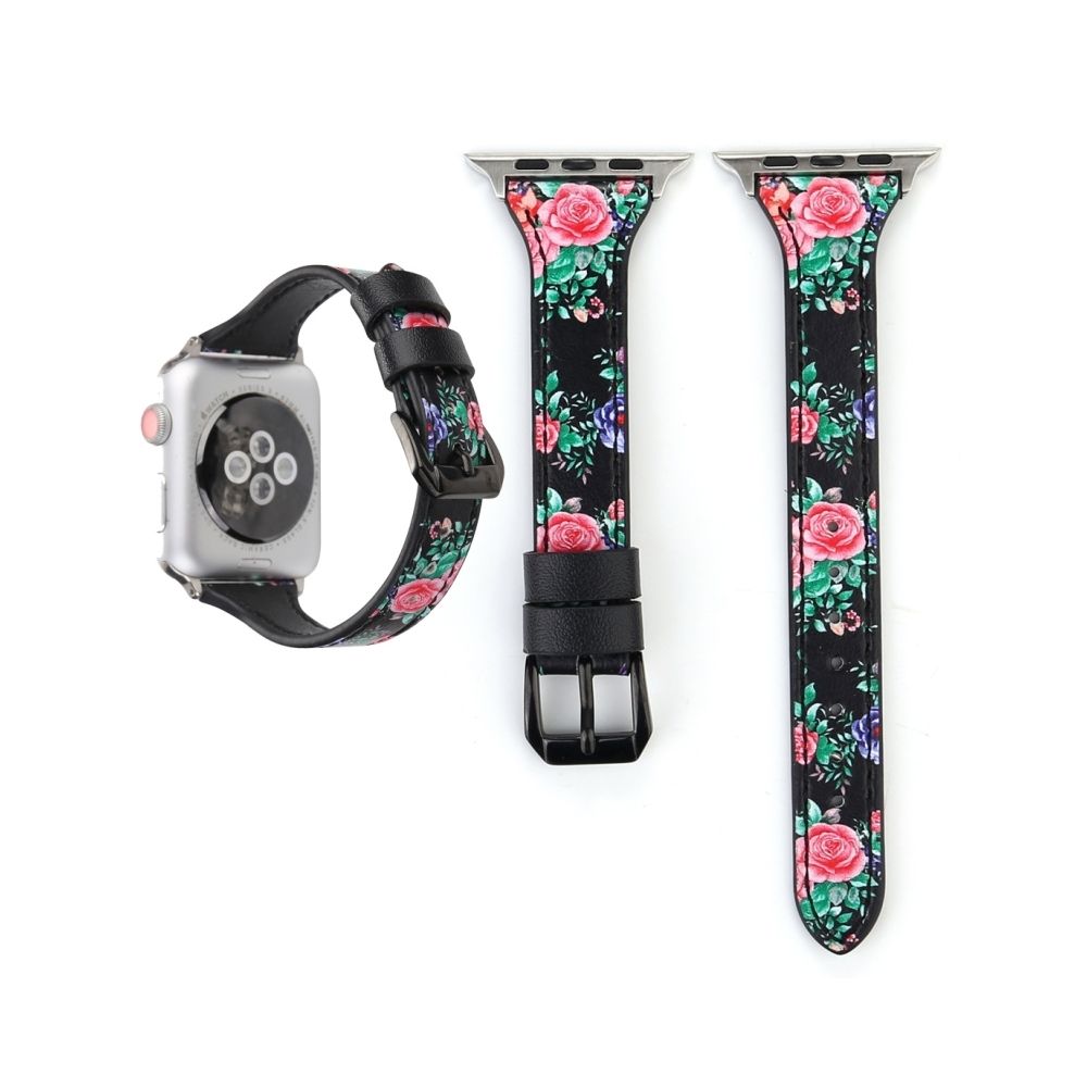 Wewoo - Lettre T Forme Simple Floral Bracelet de montre en cuir véritable avec boucle en acier inoxydable pour Apple Watch séries 3 et 2 et 1 38 mm (Noir) - Accessoires Apple Watch