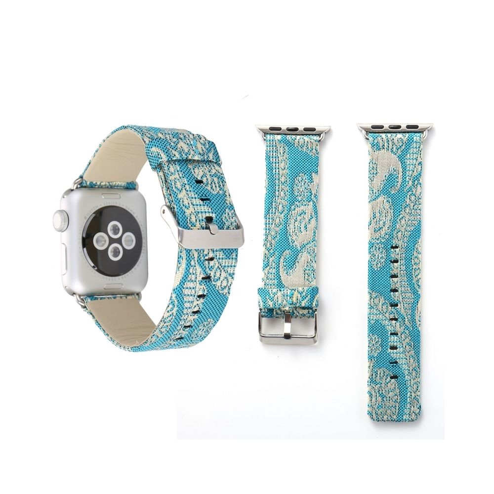 Wewoo - Bracelet Azur pour Apple Watch Series 3 & 2 & 1 42mm Retro toile de soie + bande de montre en cuir véritable Azur - Accessoires Apple Watch