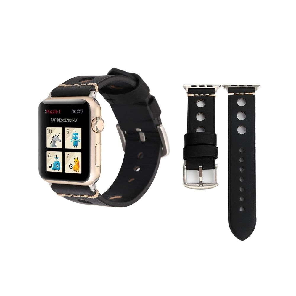 Wewoo - Bracelet noir pour Apple Watch Series 3 et 2 & 1 38mm Retro trou en cuir véritable montre-bracelet - Accessoires Apple Watch