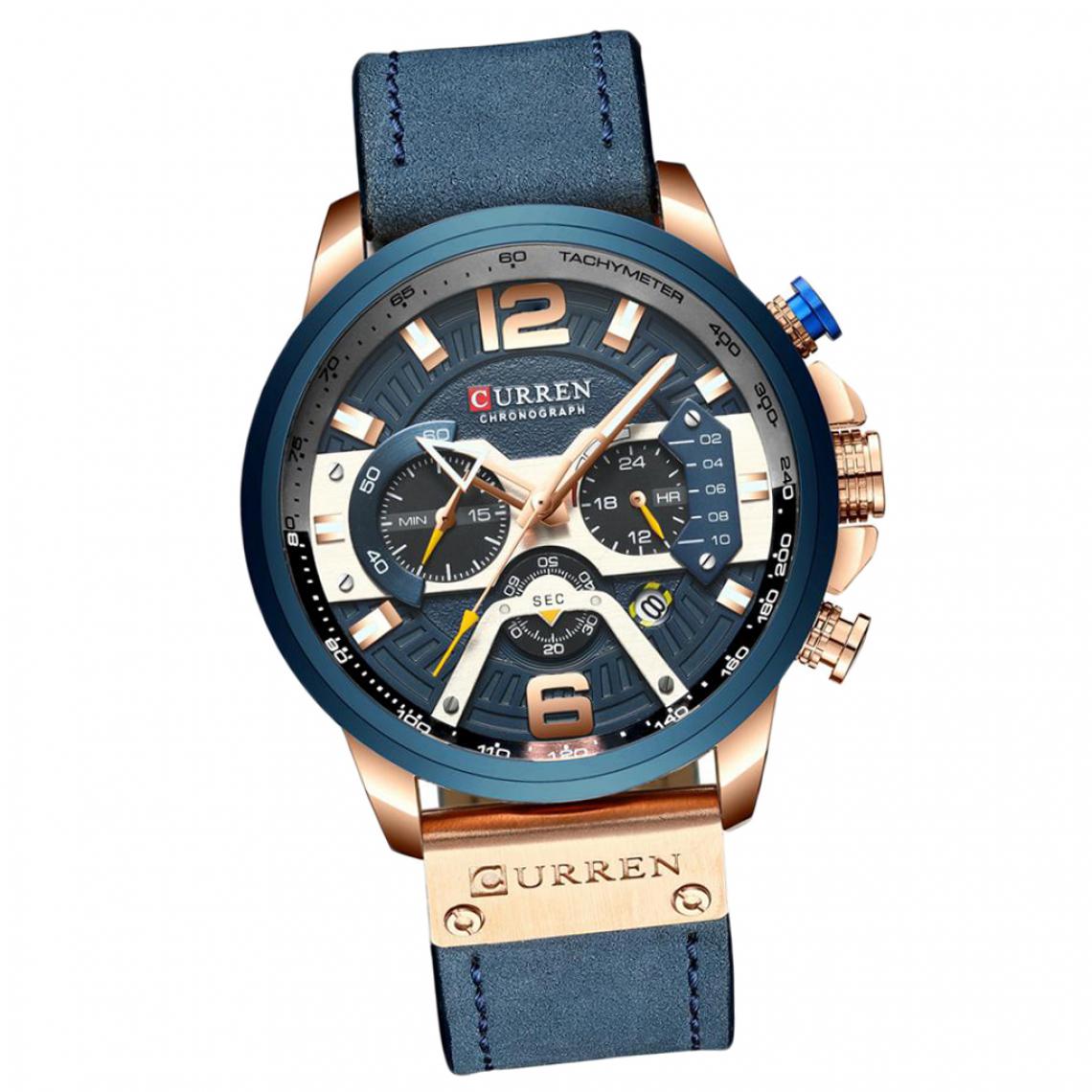 marque generique - Montre de sport pour homme en cuir avec chronographe, montre-bracelet en or rose bleu - Montre connectée