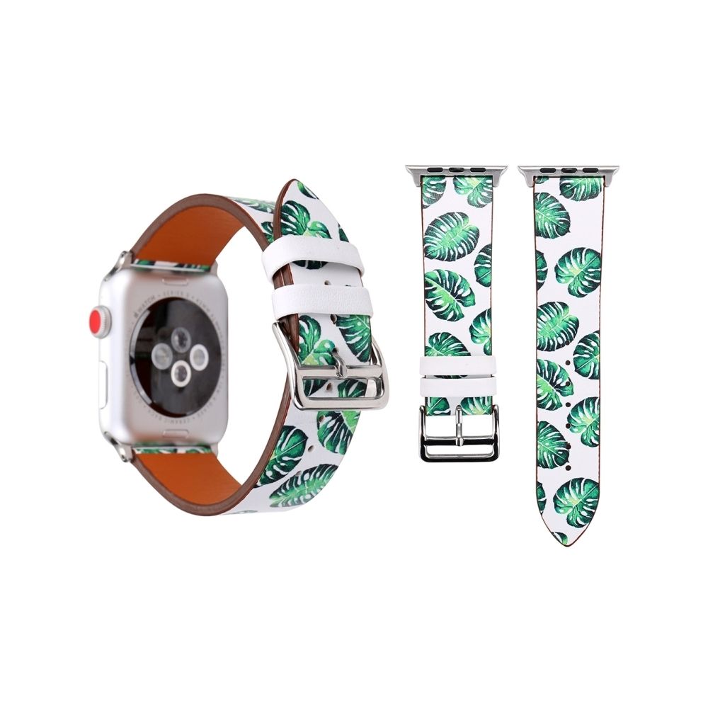 Wewoo - Bracelet pour Apple Watch Series 3 & 2 & 1 42mm mode en cuir véritable New Spring Vert Leaf motif de montre - Accessoires Apple Watch