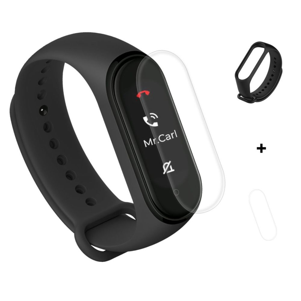 Wewoo - Bracelet pour montre connectée Remplacement de courroie de de poignet en caoutchouc de silicone 2 1 avec film d'écran de couverture totale TPU Xiaomi Mi Band 4 Noir - Bracelet connecté
