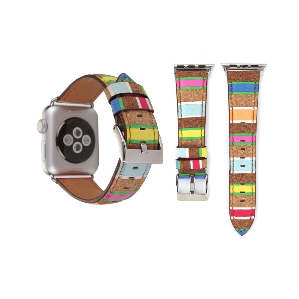 Wewoo - Bracelet pour Apple Watch Série 3 & 2 & 1 38mm Nouveau Style Wodden Texture Couleur Rayures Motif Véritable En Cuir Montre-Bracelet Bande - Accessoires Apple Watch