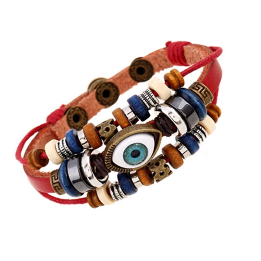 marque generique - YP Select 3 Layered Fashion Charm Bracelet réglable en faux cuir en bois avec oeil rouge - Bracelet connecté