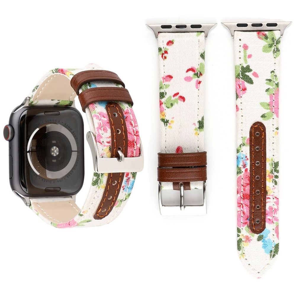 Wewoo - Bracelet en cuir véritable à Motif fleurs denim pour Apple Watch séries 5 et 4 40 mm / 3 et 2 et 1 38 mm blanc - Accessoires montres connectées