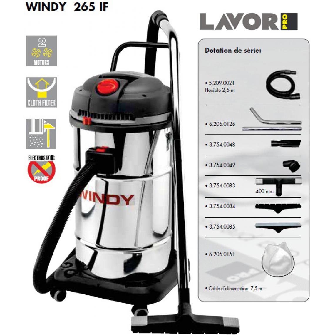 Lavor - Déstock - Lavor Pro - Aspirateur eau et poussières en inox 2400W 65L 130l/s - WINDY 265 IF - Aspirateur eau et poussière