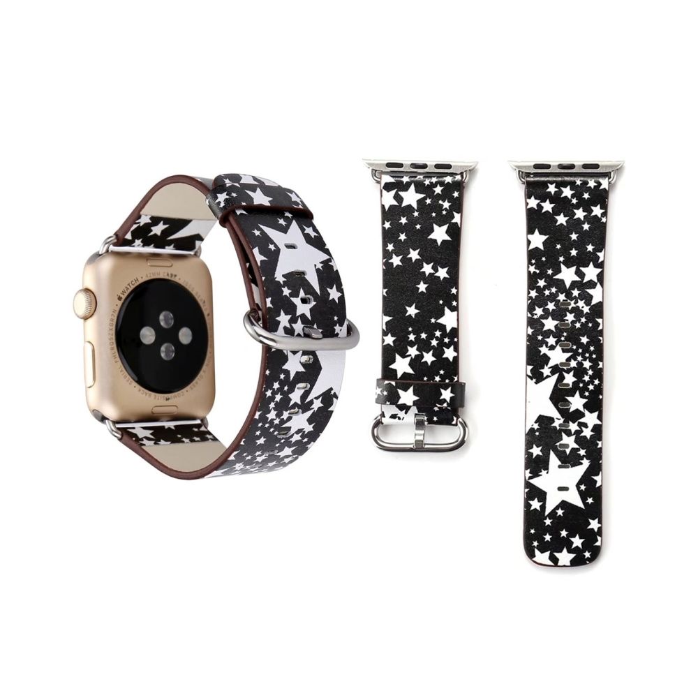 Wewoo - Bracelet noir et blanc pour Apple Watch Series 3 & 2 & 1 42mm Mode Base Étoiles Motif Véritable En Cuir Montre-Bracelet Bande - Accessoires Apple Watch