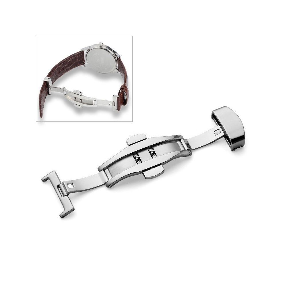 Wewoo - Bracelet pour montre connectée Montre-bracelet en cuir avec boucle à papillon acier inoxydable 316double pressiontaille 16 mm argent - Bracelet connecté