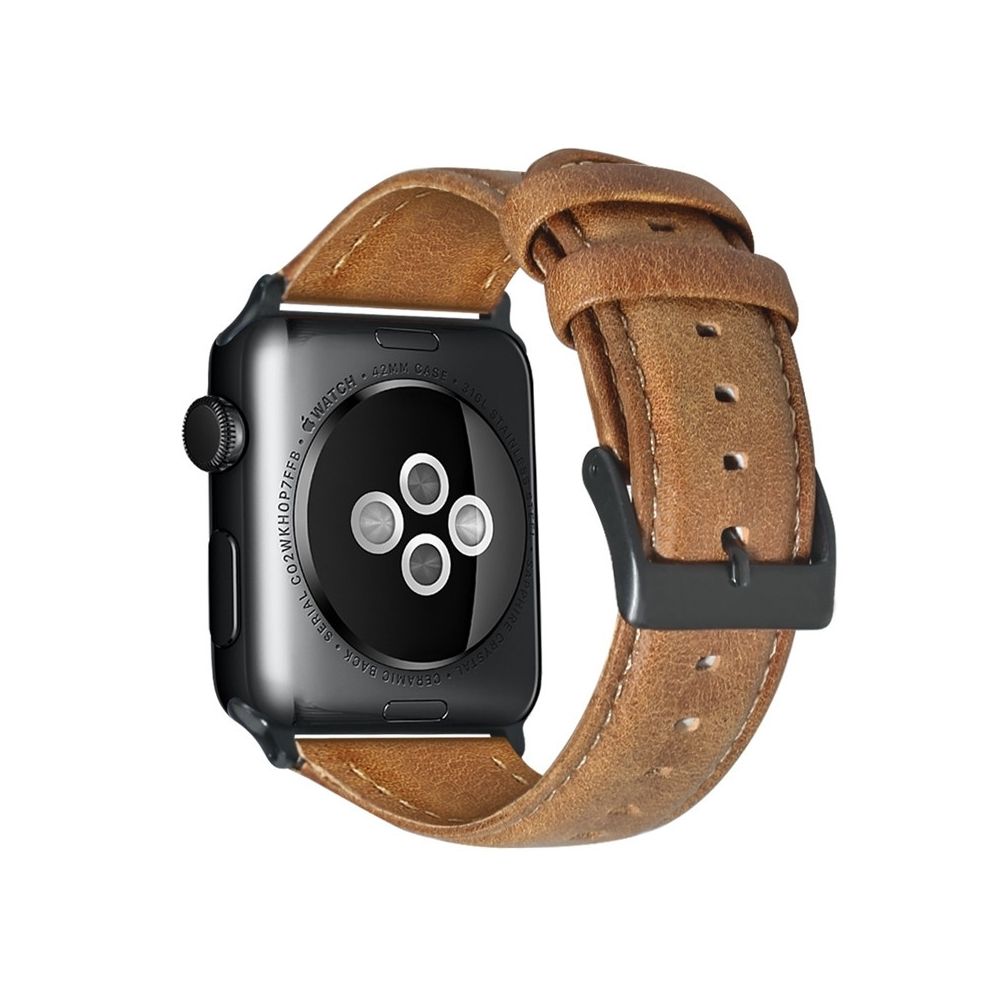 Wewoo - Pour Apple Watch séries 5 et 4 44 mm / 3 et 2 et 1 42 mm Bracelet en cuir véritable avec bretelle de Jaune brun - Accessoires Apple Watch