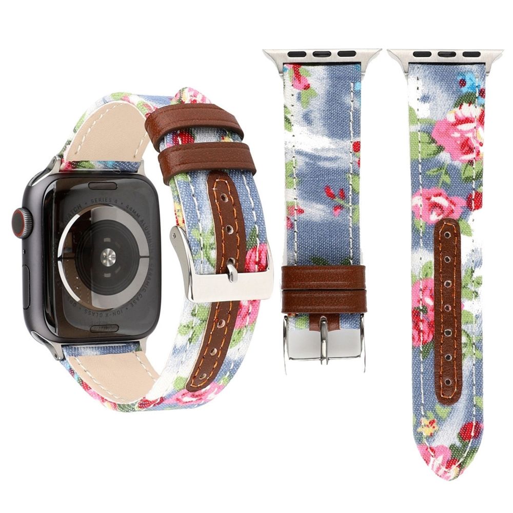 Wewoo - Bracelet en cuir véritable avec Motif fleurs denim pour Apple Watch séries 5 et 4 40 mm / 3 et 2 et 1 38 mm bleu clair - Accessoires montres connectées