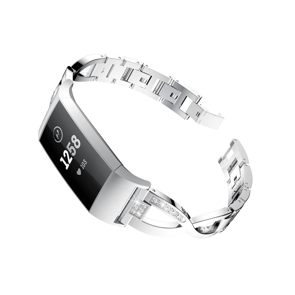 Wewoo - Bracelet en acier avec serti de diamants forme losange pour Fitbit Charge 3 (Argent) - Bracelet connecté