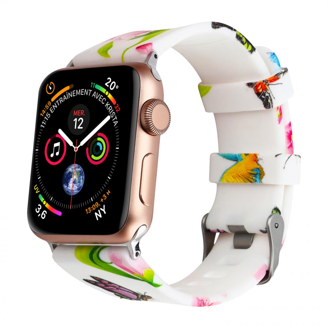 Avizar - Bracelet Apple Watch 42 et 44 mm Motif Fleurs et Papillons en Silicone - Accessoires Apple Watch