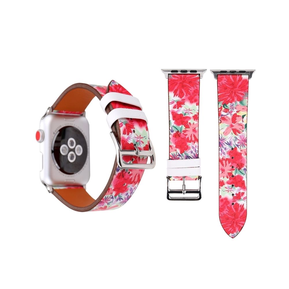 Wewoo - Bracelet rouge pour Apple Watch Series 3 & 2 & 1 38mm Mode Véritable En Cuir Nouveau Printemps Grande Fleur Motif - Accessoires Apple Watch