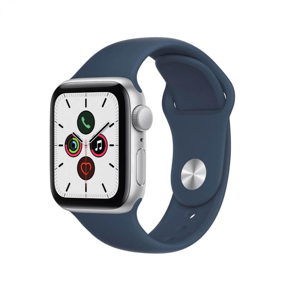 Apple - Apple Watch SE 2021 GPS Boîtier en Aluminium Argent de 44 mm, Bracelet Sport Bleu Abysse - Apple Watch