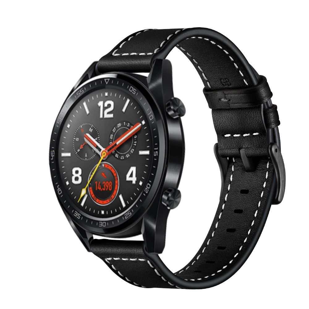 marque generique - Bracelet en cuir véritable décor de couture noir pour votre Huawei Watch GT/Watch 2/Watch Magic - Accessoires bracelet connecté