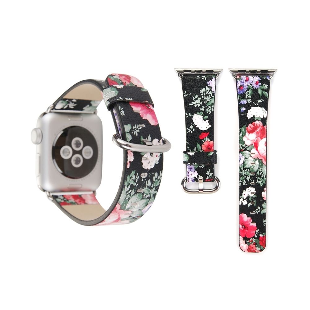Wewoo - Bracelet noir pour Apple Watch Series 3 & 2 & 1 38mm nouveau style chinois à l'encre motif floral en cuir véritable montre - Accessoires Apple Watch