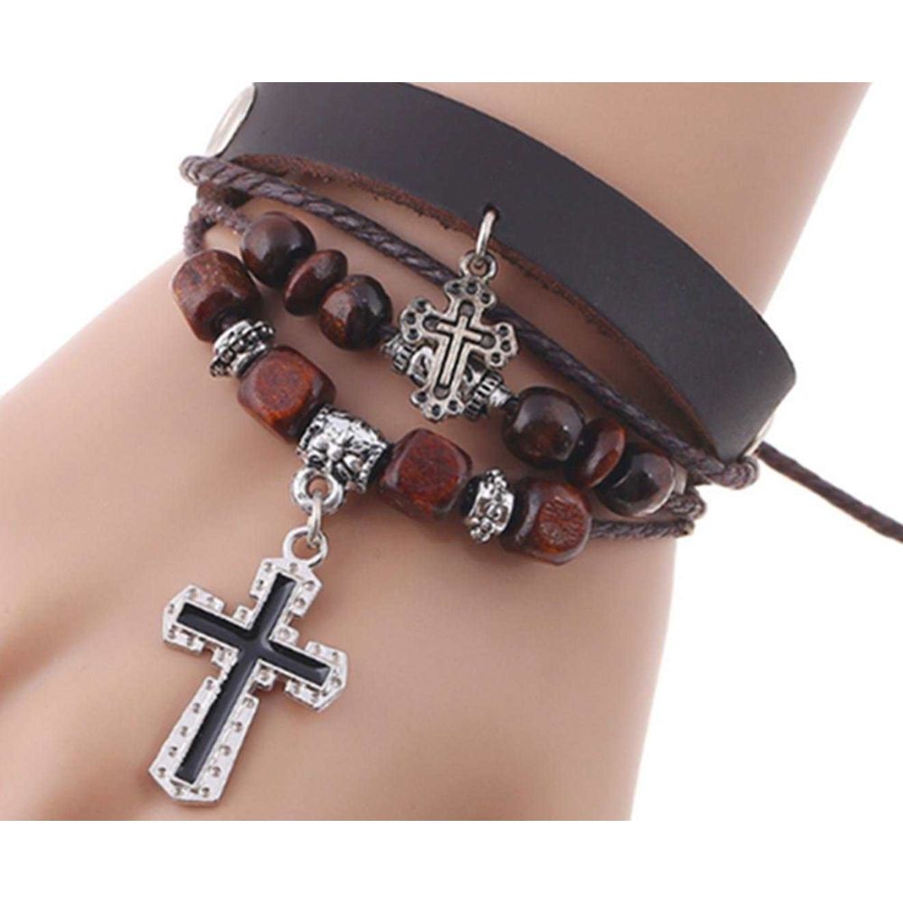 marque generique - YP Select Bois Coloré Perlé Croix Religieux Charme Wrap Bracelet Brun Foncé - Bracelet connecté