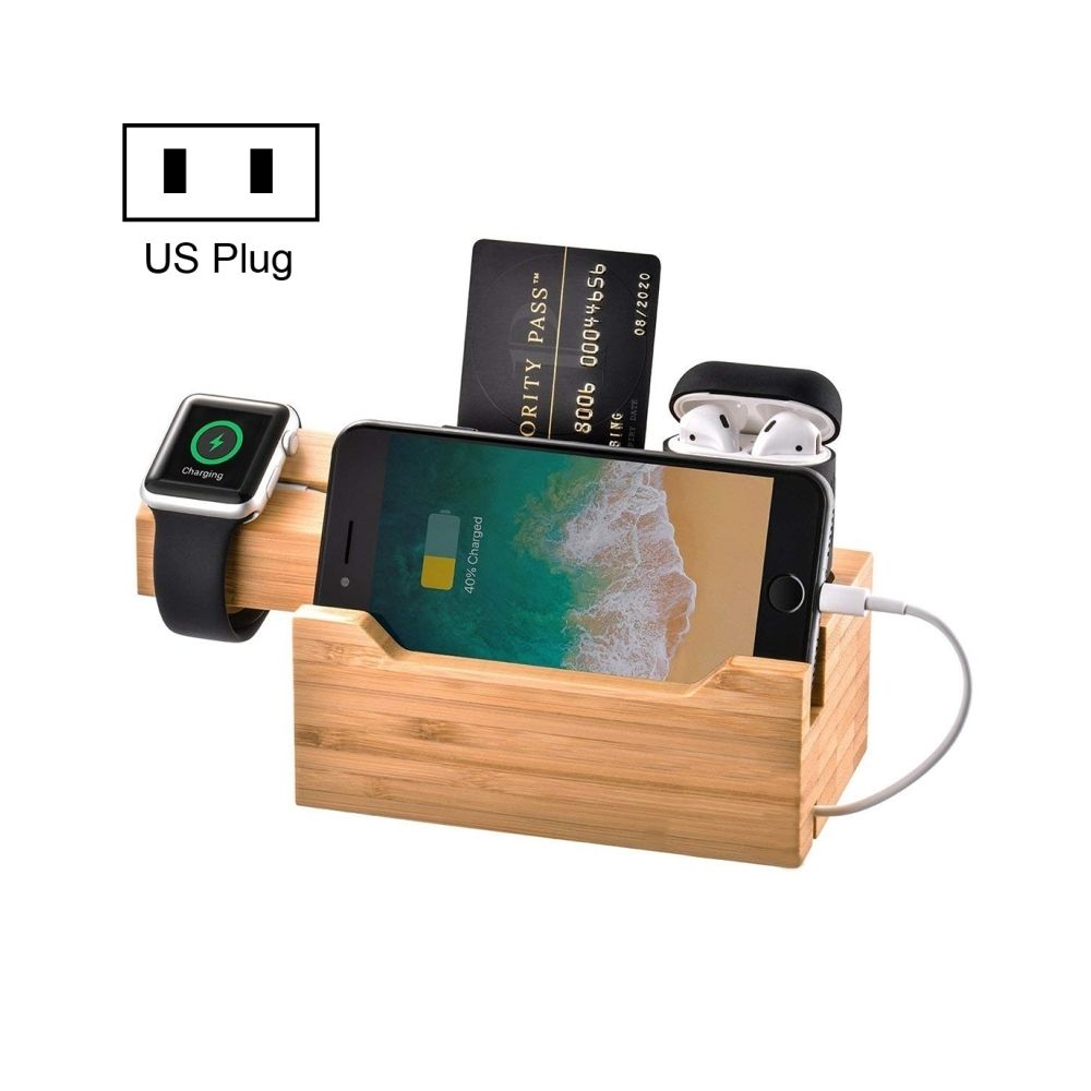 Wewoo - Chargeur Base de gestion charge en bambou multi-fonction avec 3 ports USB, pour Apple Watch, AirPods, iPhone, prise US - Accessoires Apple Watch