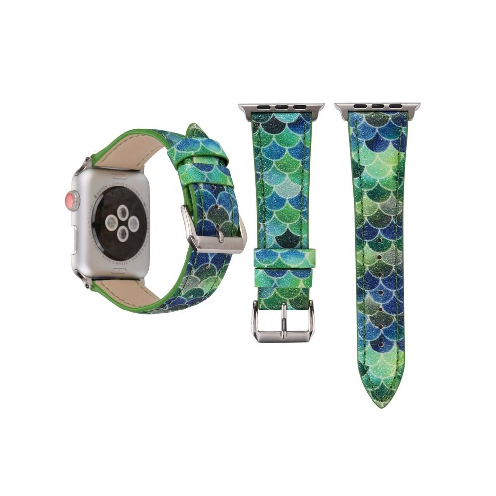 Wewoo - Échelle de poisson en paillettes avec bracelet en cuir véritable avec boucle en acier inoxydable pour Apple Watch séries 3 et 2 et 1 de 38 mm (vert) - Accessoires Apple Watch