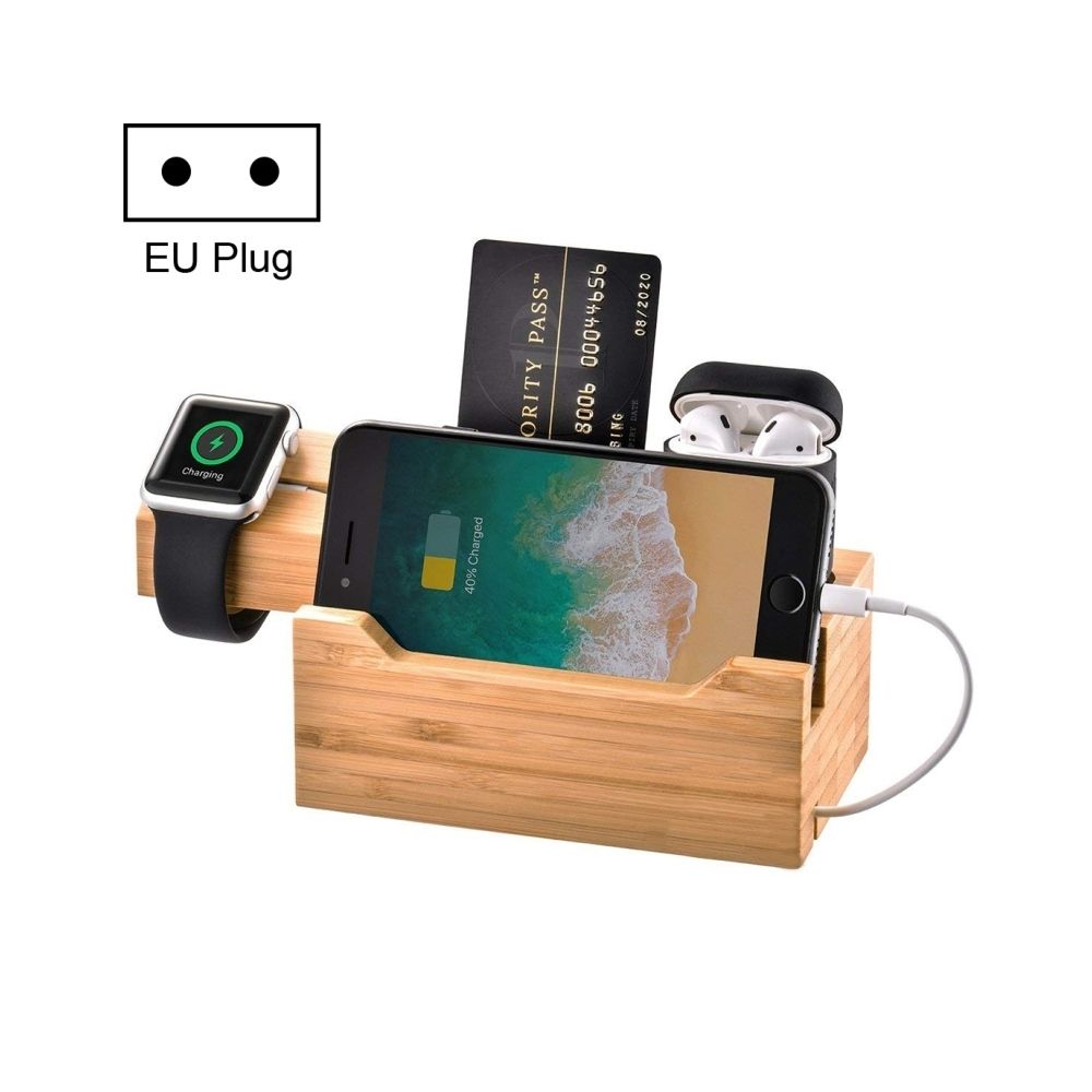 Wewoo - Chargeur Base de gestion charge en bambou multi-fonction avec 3 ports USB, pour Apple Watch, AirPods, iPhone, prise UE - Accessoires Apple Watch