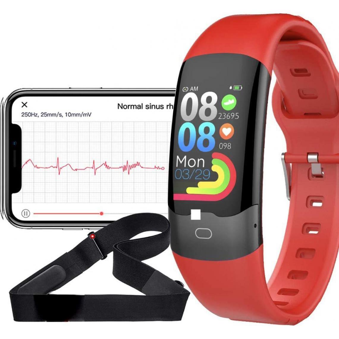 Chrono - Montre Connectée pour Homme Femmes avec Moniteur de Cardiofréquencemètre ECG Cardio Sommeil pour Android iOS-Rouge - Montre connectée