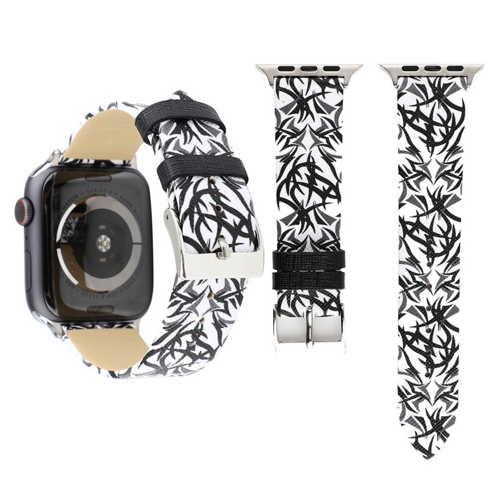 Wewoo - Thorns Printing Bracelet en cuir véritable pour Apple Watch séries 5 et 4 40 mm / 3 et 2 et 1 38 mm Noir et Blanc - Accessoires montres connectées
