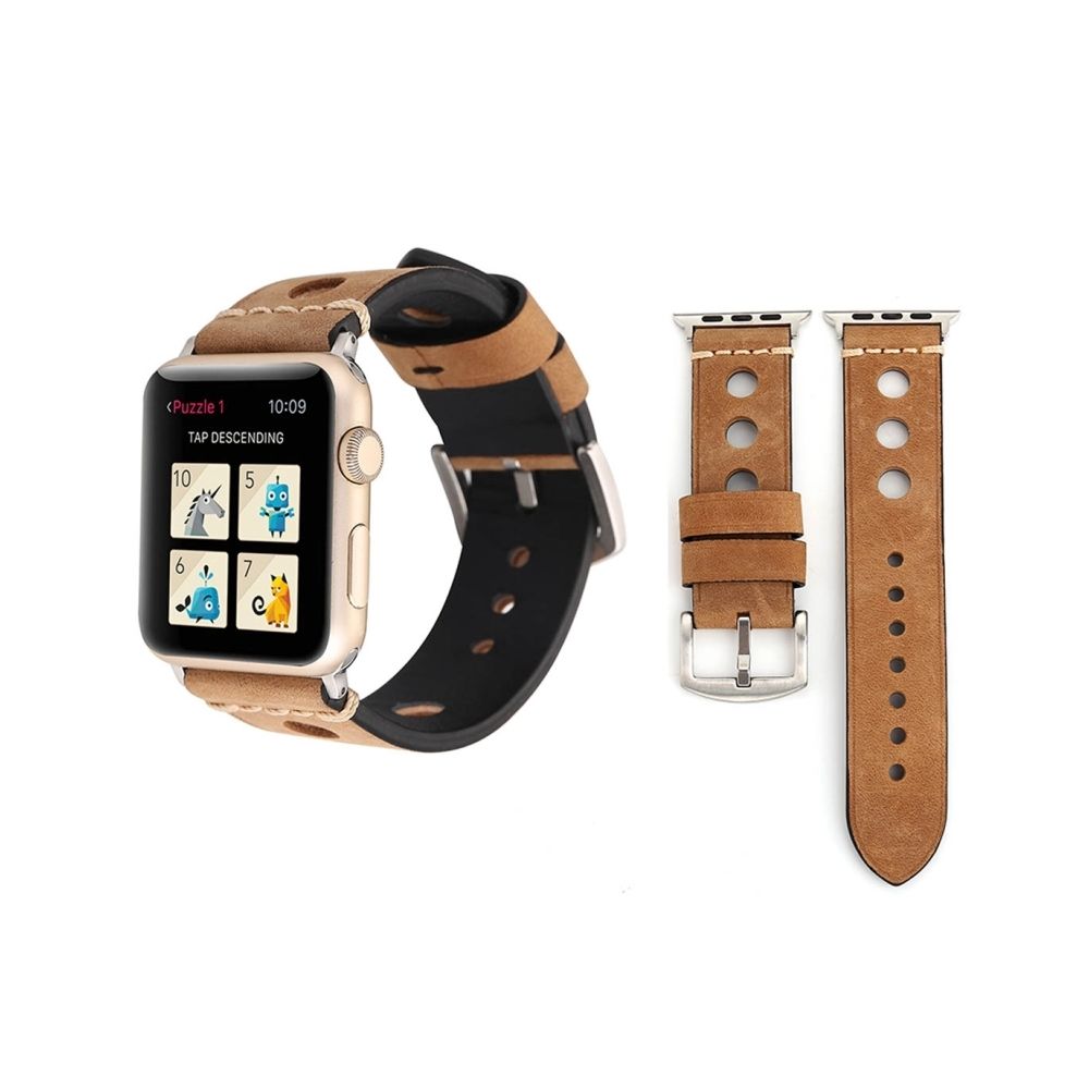 Wewoo - Bracelet kaki pour Apple Watch Series 3 & 2 & 1 38mm Rétro Hole en Cuir Véritable Kaki - Accessoires Apple Watch