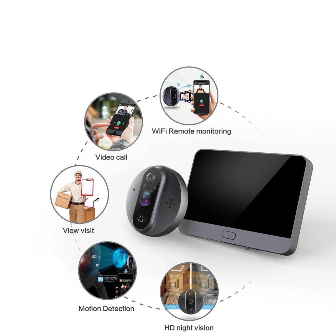 Universal - Smart WiFi Vidéo Sonnette de porte Peep Box Sonnette Viewer Home PIR Détection de mouvement Surveillance de sécurité Détection Tuya APP Télécommande | Sonnette de porte (gris) - Sonnette et visiophone connecté