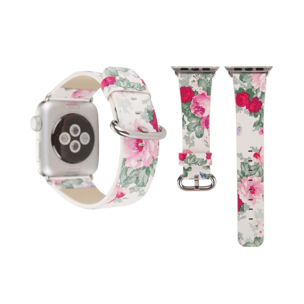 Wewoo - Bracelet blanc pour Apple Watch Série 3 & 2 & 1 38mm New Style Chinois Encre Floral Motif Véritable En Cuir Montre-Bracelet Bande - Accessoires Apple Watch