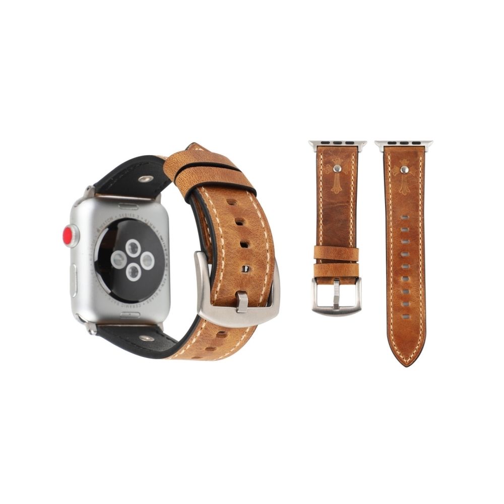 Wewoo - Bracelet en cuir véritable de Crowe Star gaufrage pour bracelet en cuir pour Apple Watch séries 3 et 2 et 1 42 mm (brun clair) - Accessoires Apple Watch