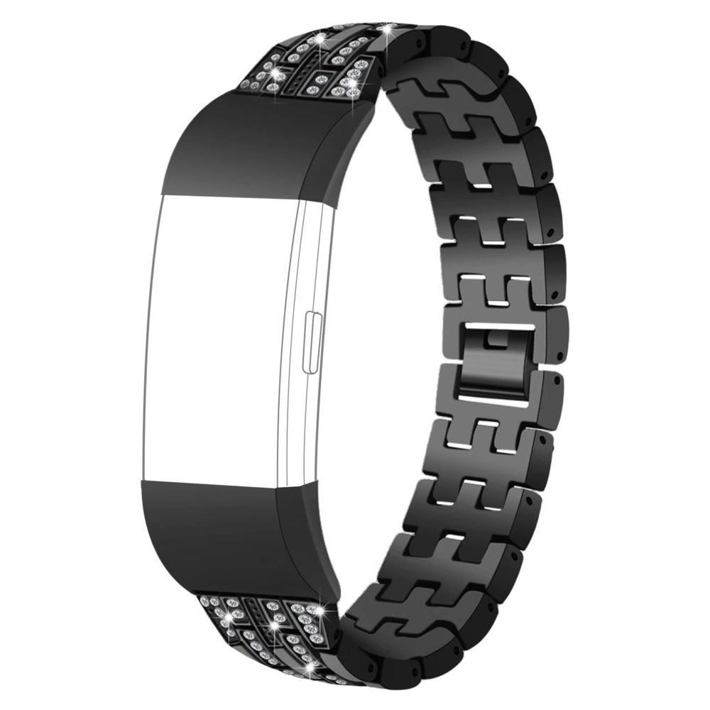 Avizar - Bracelet FitBit Charge 2 maillons Métalliques Strassés Fermoir Papillon Noir - Accessoires montres connectées