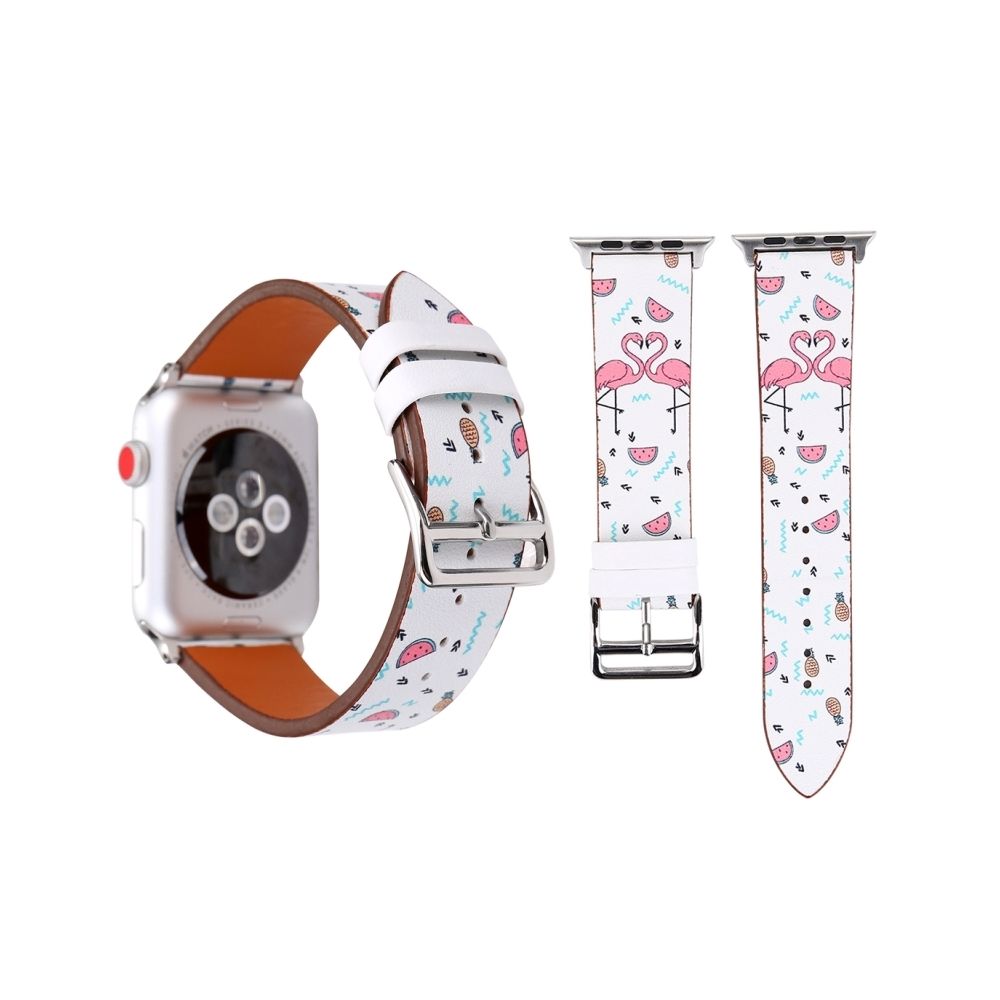 Wewoo - Bracelet pour Apple Watch Série 3 & 2 & 1 38mm Mode Véritable En Cuir Nouveau Printemps Lovable Flamingo Motif - Accessoires Apple Watch
