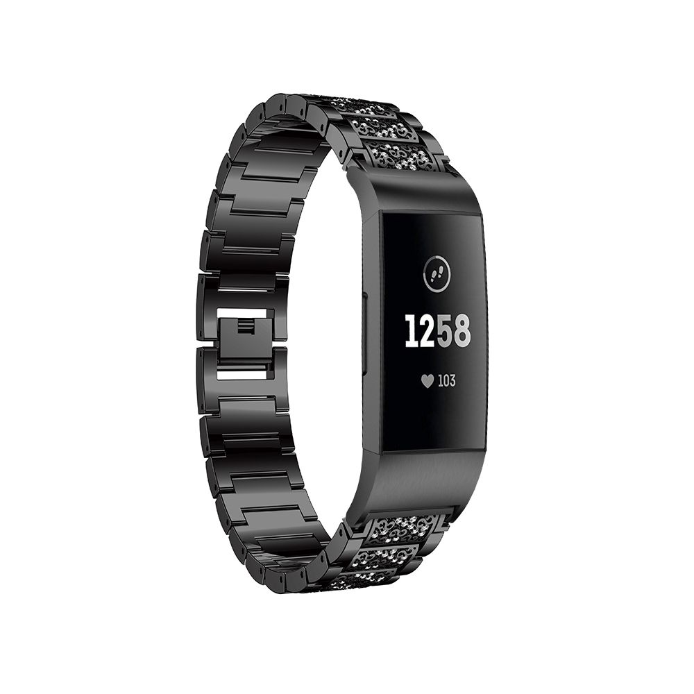 Wewoo - Bracelet pour montre connectée en acier inoxydable serti de diamants Fitbit Charge 3 noir - Bracelet connecté
