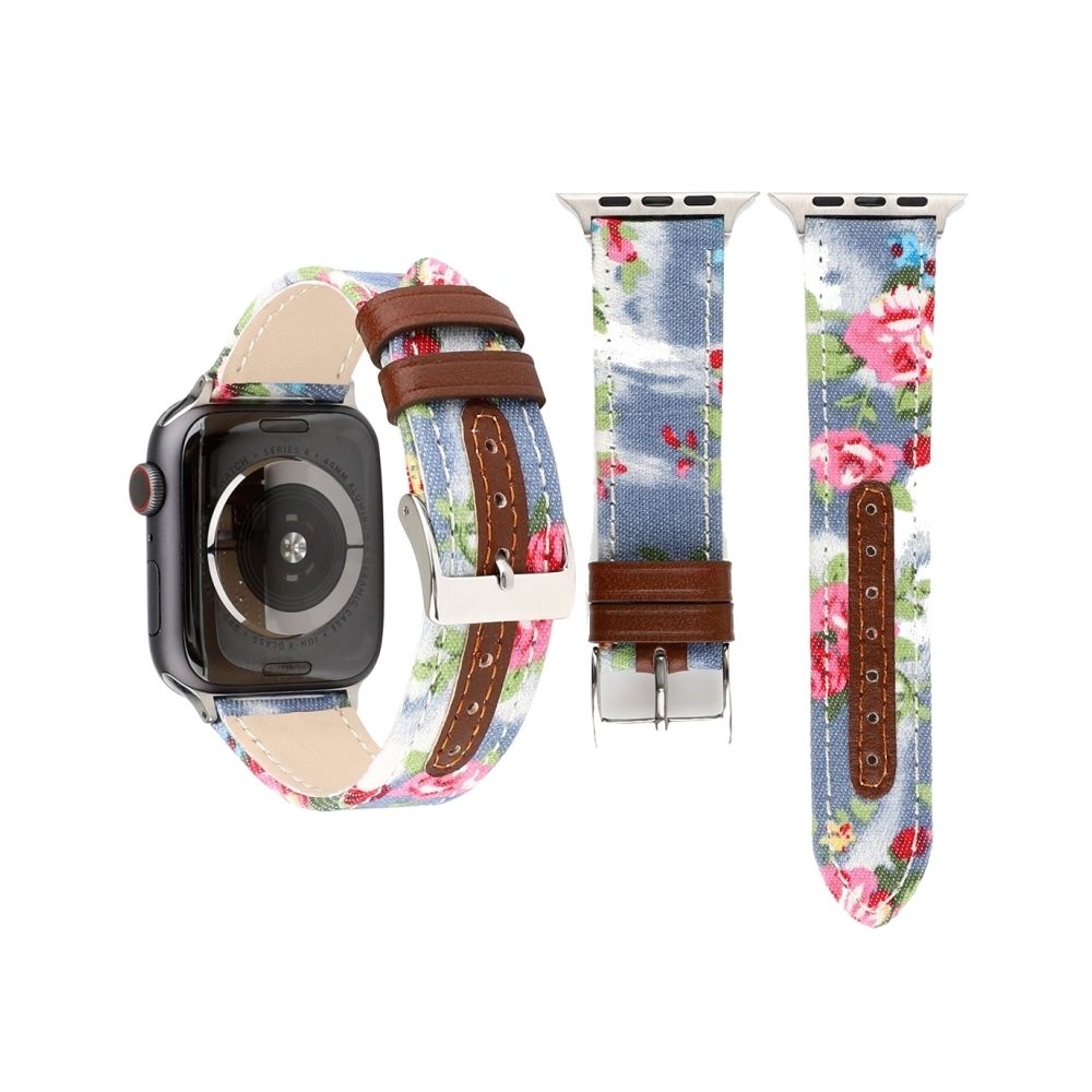 Wewoo - Bracelet en cuir véritable avec Motif fleurs denim pour Apple Watch séries 3 et 2 et 1 38 mm bleu clair - Accessoires Apple Watch