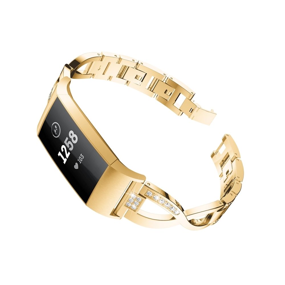Wewoo - Bracelet en acier avec serti de diamants forme losange pour Fitbit Charge 3 (or) - Bracelet connecté